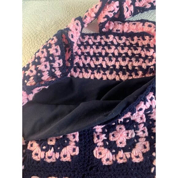 Handmade Pink & Navy Hand Crocheted Fabric Lined Handbag - Picture 4 of 14